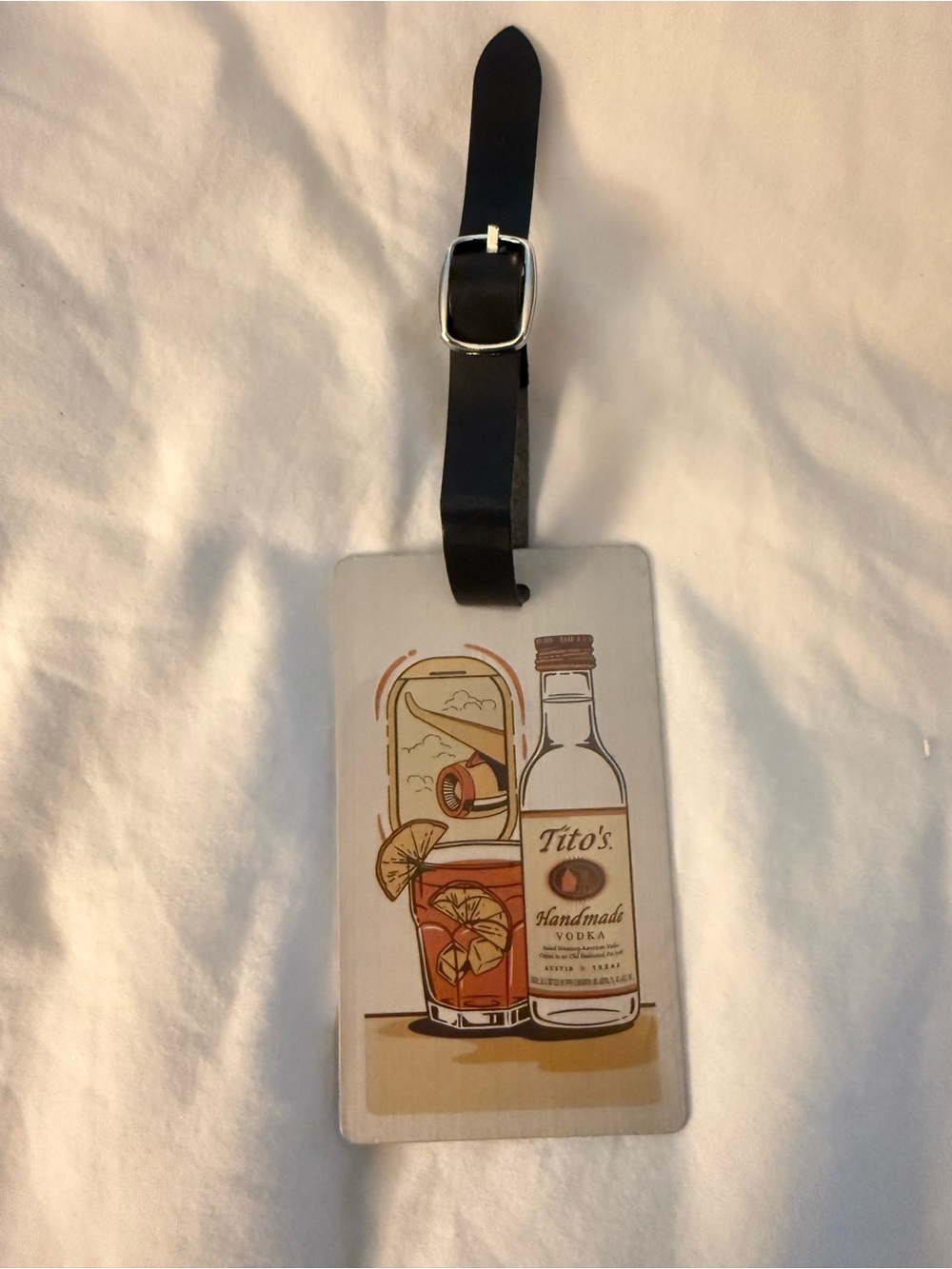 Tito's Metal Vodka Luggage Tag - White & Tan Illustration